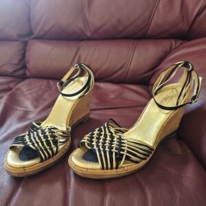 Arturo Chiang Black & Gold Woven Cork Wedge Sandals